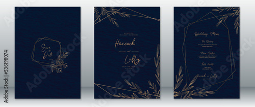 Wedding invitation card template luxury design with gold leaf wreath frame and dark navy background