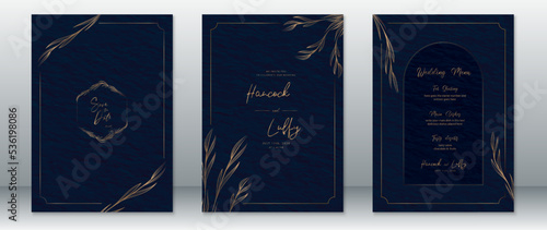 Wedding invitation card template luxury design with gold leaf frame and dark navy background