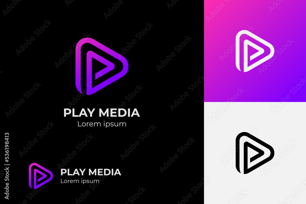 Play button for media app logo design with initial letter p line logo. Streaming service app Logotype. Multimedia player icon design element for Music and movie start sign, audio and video editor logo Play button for media app logo design with initial letter p line logo. Streaming service app Logotype. Multimedia player icon design element for Music and movie start sign, audio and video editor logo