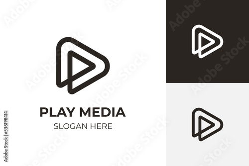 Play button for media app logo design with initial letter p line logo. Streaming service app Logotype. Multimedia player icon design element for Music and movie start sign, audio and video editor logo
