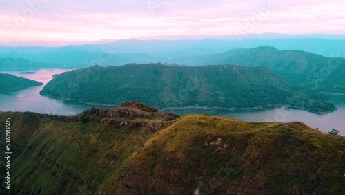 Aerial view with mountains of the prado dam in tolima colombia. inland sea of the country. vacation concept.