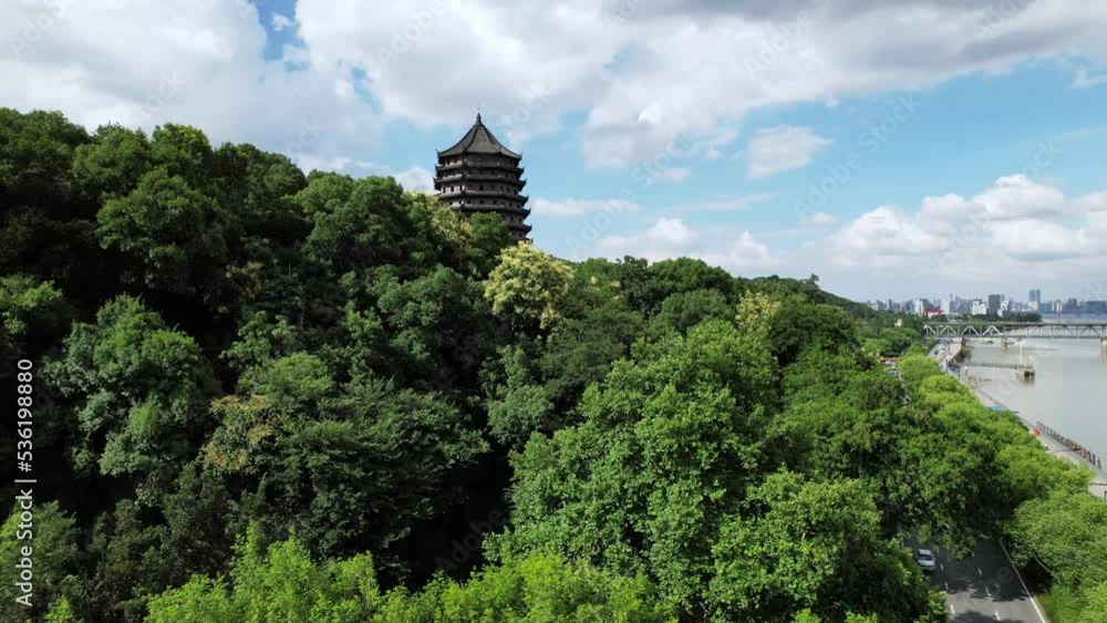 aerial view of liuhe tower near qiantang river in hangzhou in blue sky aerial view of liuhe tower near qiantang river in hangzhou in blue sky
