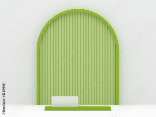geometry podium products display minimal mockup 3d render. front view white room  lime green arch background podium shape geometric. stand show cosmetic product. Stage showcase on pedestal podium.