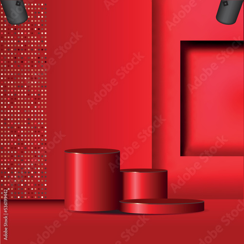 Abstract cream 3D room with set of realistic cylinders pedestal podium. Geometric forms element. Minimal scene for product display presentation. Round stage for showcase