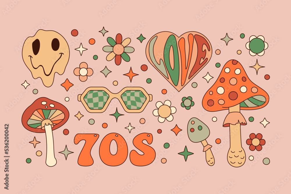 Groovy Elements Set in Retro Hippie Style 70s . Geometric Abstract Vector Stickers: Flower, Mushrooms, Heart Love Groovy Elements Set in Retro Hippie Style 70s . Geometric Abstract Vector Stickers: Flower, Mushrooms, Heart Love