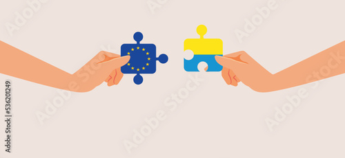 Conceptual Vector Illustration of Ukraine Joining the European Union. Image of country accession request to a diplomatic alliance 
 photo
