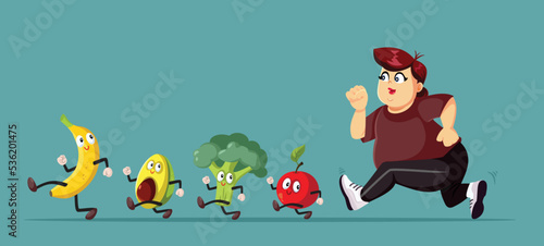 Overweight Woman Chasing a Healthy Diet Vector Cartoon Illustration. Cheerful person exercising and eating clean for a better health
