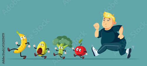 Overweight Man Chasing a Healthy Diet Vector Cartoon Illustration. Training person exercising and eating clean for a better health
