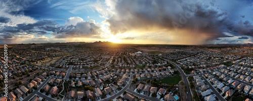 Aerial panorama of a great sunset over a suburb of Phoenix, Arizona.  photo
