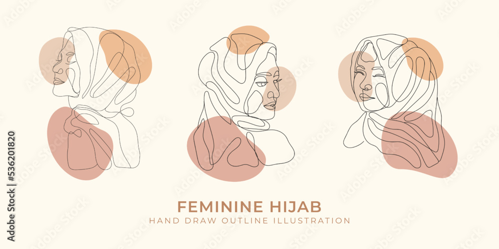 Set of woman hijab outline continuous illustration