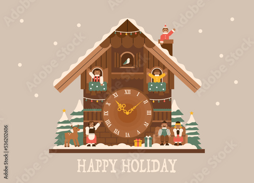 Christmas brown wooden cuckoo clock. In the cuckoo clock, dolls dressed in traditional European costumes are waving their hands. flat design style vector illustration.