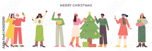 A lot of people are gathering and having a Christmas party. flat design style vector illustration.