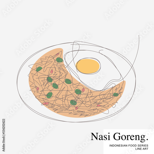 Fried Rice Nasi Goreng served with soya sauce and sunny side up. Indonesian Food set collection Cartoon Line Art Vector Illustration Template