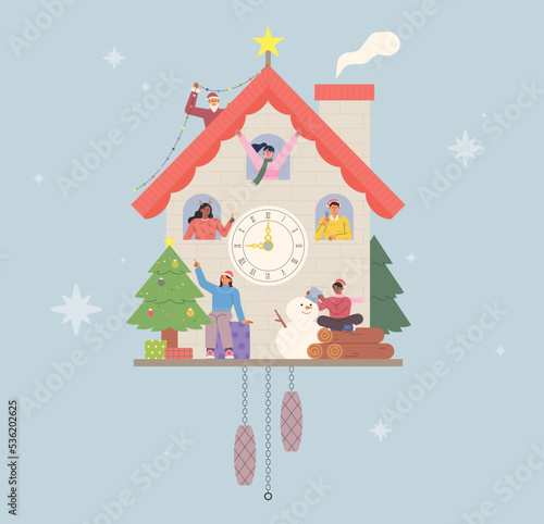Christmas cuckoo clock. People are waving their hands in the cuckoo clock. flat design style vector illustration.