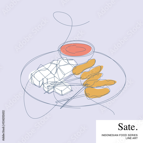 Hot and spicy beef satay, also known as sate or satay. Indonesian Food set collection Cartoon Line Art Vector Illustration Template