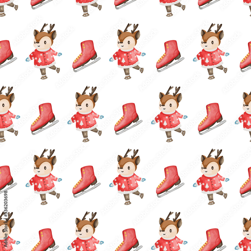 Obraz premium Christmas Santa Deer Seamless Pattern Background, Watercolor Vector Illustration