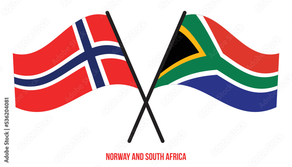 Norway and South Africa Flags Crossed And Waving Flat Style. Official Proportion. Correct Colors.
