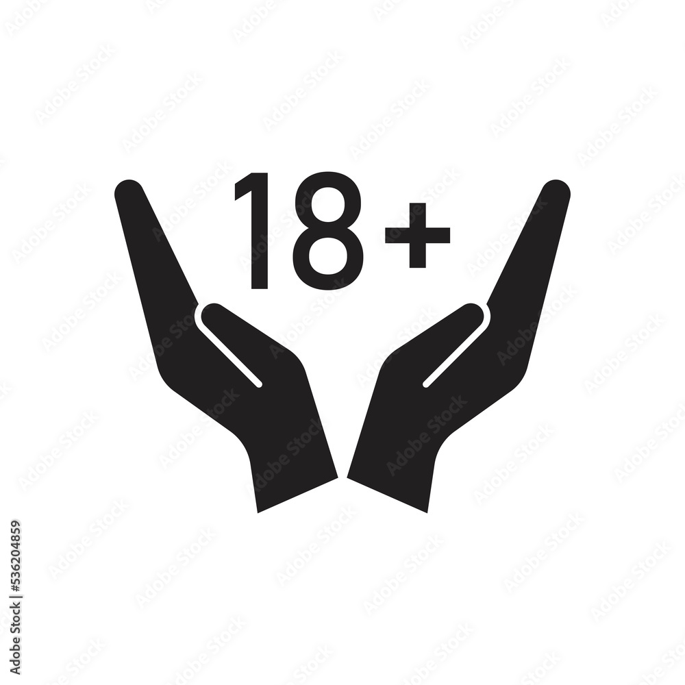 18+ symbol on hand icon design. Eighteen years old sign. No 18 years old, under eighteen sign isolated on a white background. vector illustration 18+ symbol on hand icon design. Eighteen years old sign. No 18 years old, under eighteen sign isolated on a white background. vector illustration