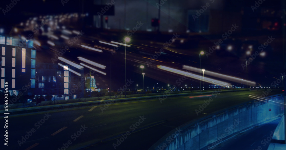 Image of scope scanning with data processing and stock market over cityscape Image of scope scanning with data processing and stock market over cityscape