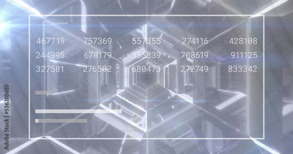 Image of digital human, numbers and sound bars over hexagon pattern looping tunnel