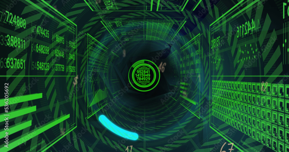 Image of data processing over shapes on black background Image of data processing over shapes on black background