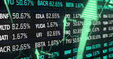 Image of stock market with graph and arrows on black background
