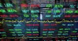 Image of scope scanning and stock market over cityscape