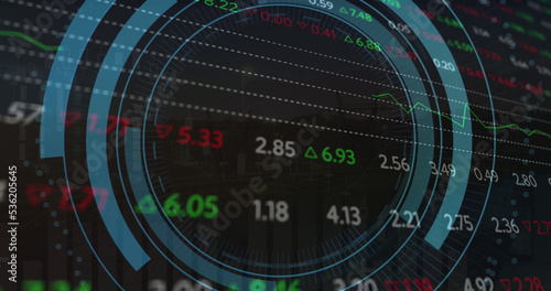 Image of scope scanning with computer icon over stock market on black background