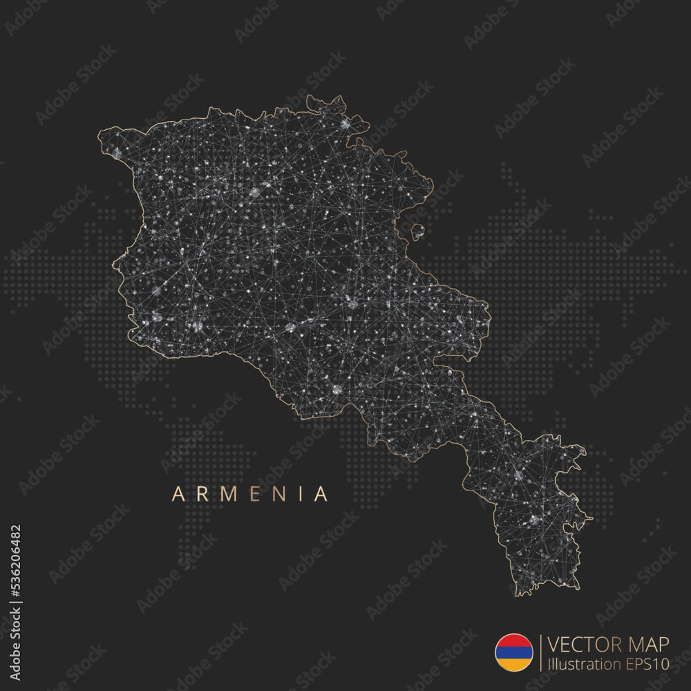 Armenia map abstract geometric mesh polygonal light concept with black and white glowing contour lines countries and dots on dark background. Vector illustration eps10