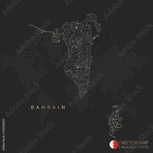 Bahrain map abstract geometric mesh polygonal light concept with black and white glowing contour lines countries and dots on dark background. Vector illustration eps10