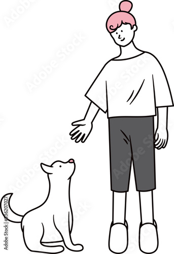 室内でくつろぐ女性と愛犬のイラスト素材