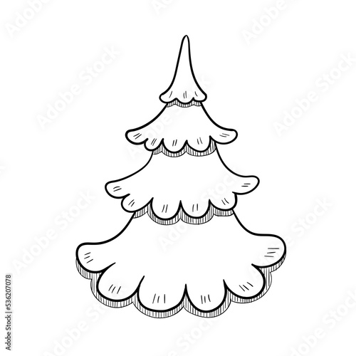 Hand drawn doodle Christmas tree. Vector outline illustration isolated on white. Perfect for greeting cards, holiday designs, print, textile designs.