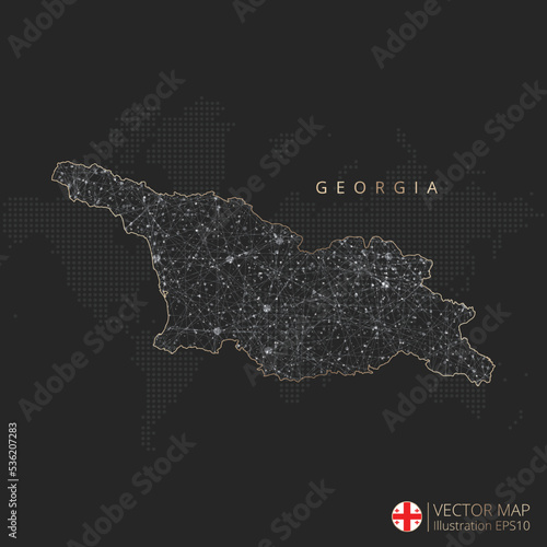 Georgia map abstract geometric mesh polygonal light concept with black and white glowing contour lines countries and dots on dark background. Vector illustration eps10