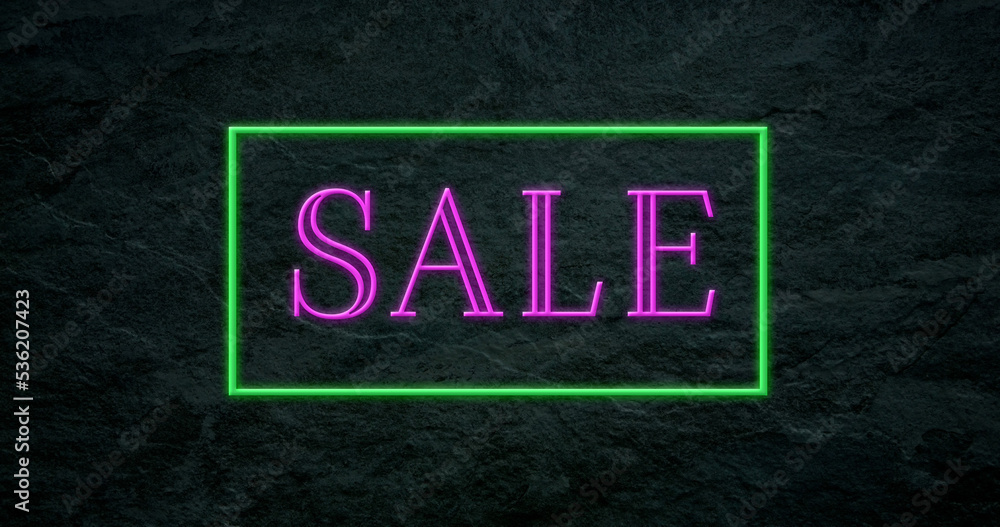 Obraz premium Illustration of pink colored sale text in rectangle box against black background, copy space