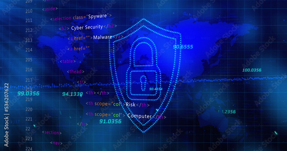 Obraz premium Security padlock and shield icon and stock market data processing over world map on blue background