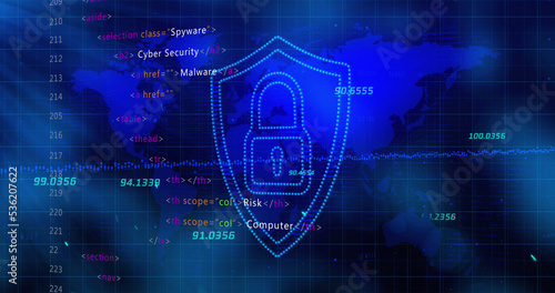 Security padlock and shield icon and stock market data processing over world map on blue background