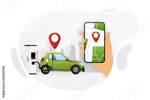 Electric car on Charging Station. Mobile APP with map electro-stations. Battery EV vehicle plugged and getting electricity. Vector illustration.