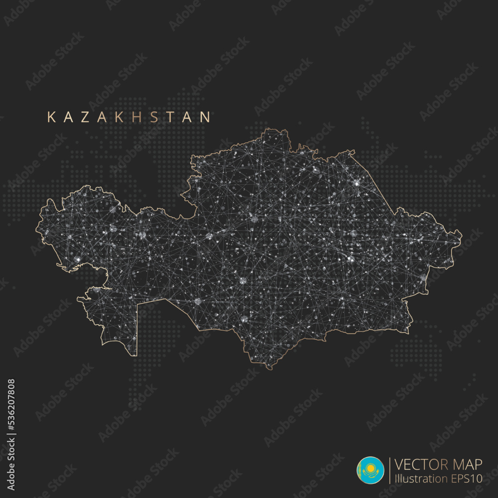 Kazakhstan map abstract geometric mesh polygonal light concept with black and white glowing contour lines countries and dots on dark background. Vector illustration eps10
