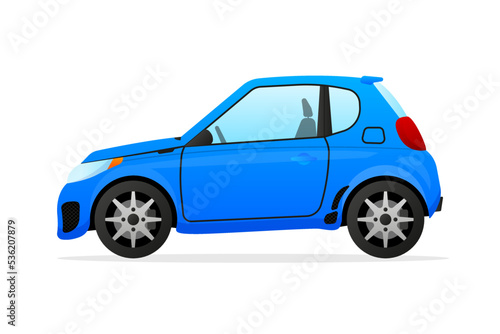 Realistic blue mini Car. Side view. Vector illustration.