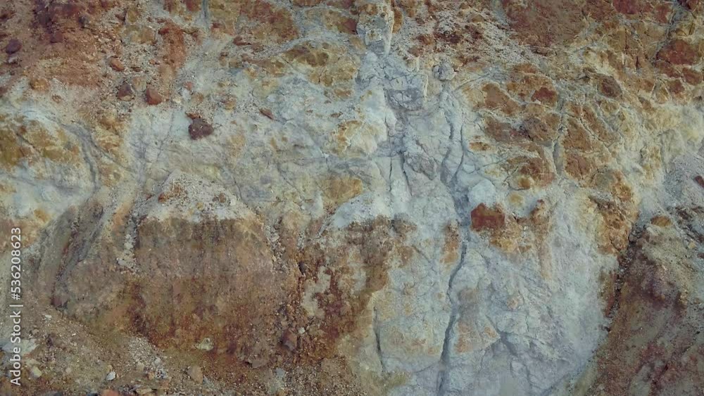 Camera moving up following mineral texture closeup and revealing Mars like copper open mining pit owned by Rio Tinto Group Camera moving up following mineral texture closeup and revealing Mars like copper open mining pit owned by Rio Tinto Group