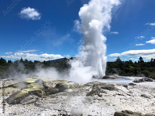Rotorua geothermal hot spring geyser erupting and thermal mud pools., North Island, New Zealand