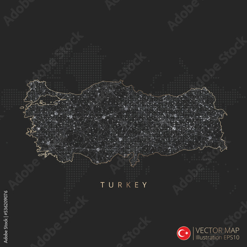 Turkey map abstract geometric mesh polygonal light concept with black and white glowing contour lines countries and dots on dark background. Vector illustration eps10