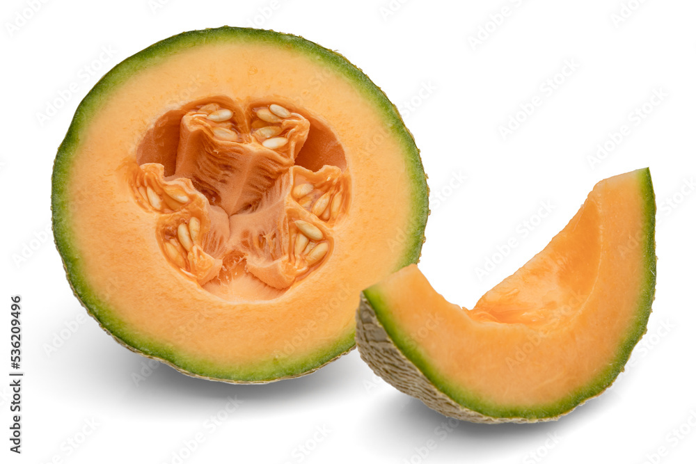 Fresh ripe canteloupe sliced in half isolated on a white background Fresh ripe canteloupe sliced in half isolated on a white background