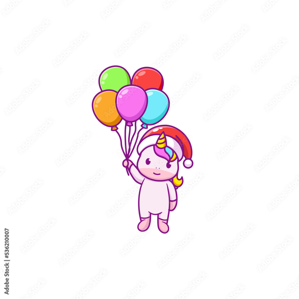 Cute unicorn celebrating christmas and holding balloons
Cute unicorn celebrating christmas and holding balloons