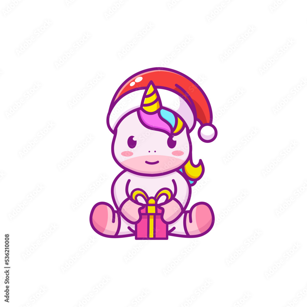 Cute Cartoon Unicorn with gifts in a Santa hat Cute Cartoon Unicorn with gifts in a Santa hat