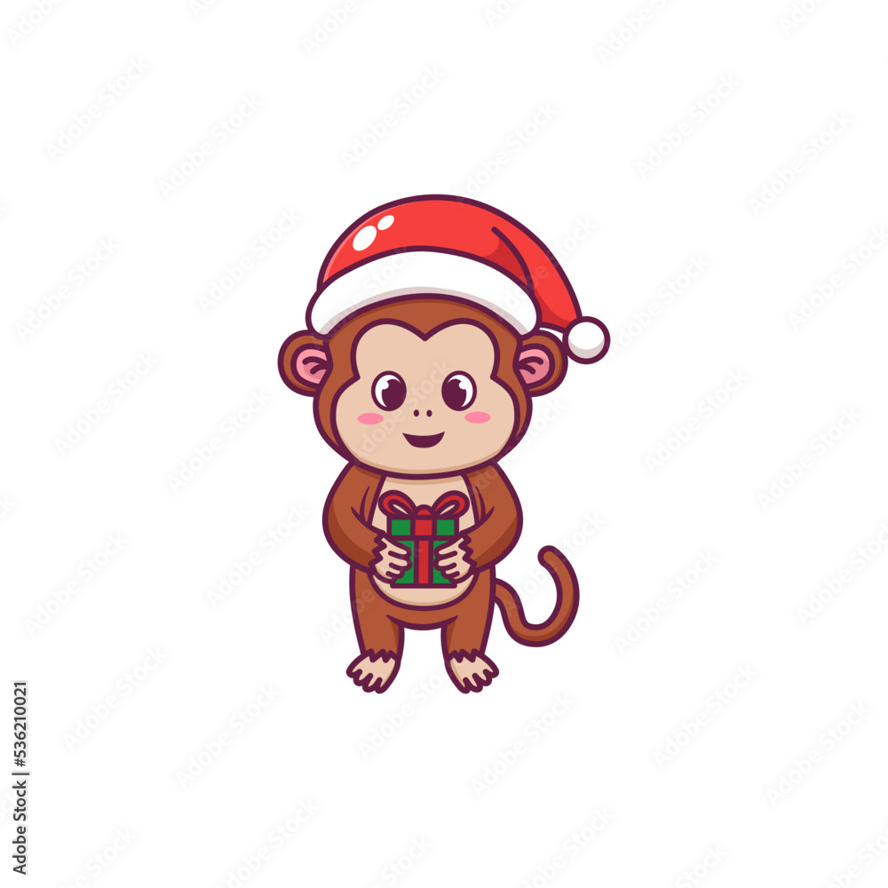 cute monkey celebrating christmas. Holding gift cute monkey celebrating christmas. Holding gift