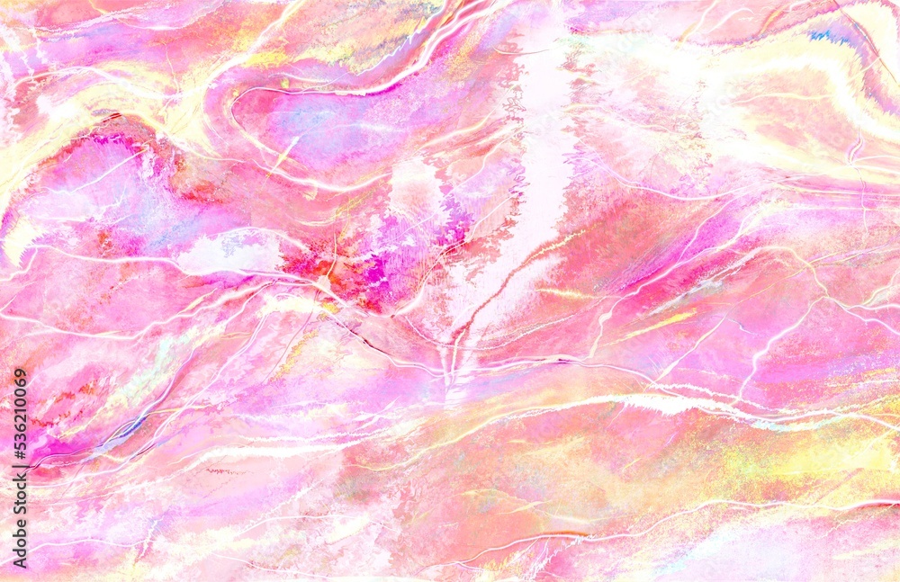 Luxury abstract fluid art painting in alcohol ink and watercolor technique, mixture of pink, blue and gold paints.Great wallpaper with pink opal in the cut for bedroom, kids room and other space.
