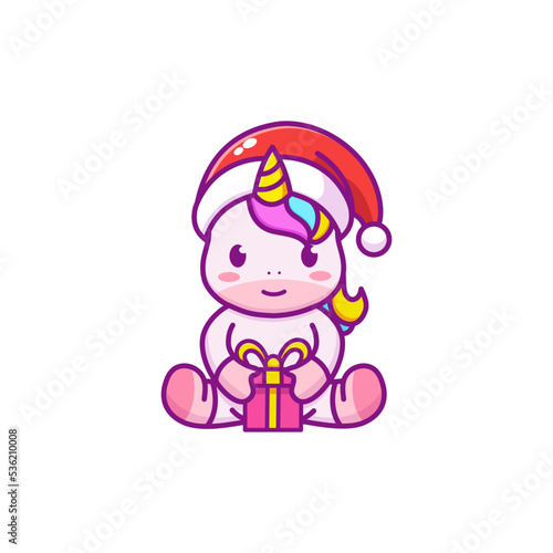 Cute Cartoon Unicorn with gifts in a Santa hat