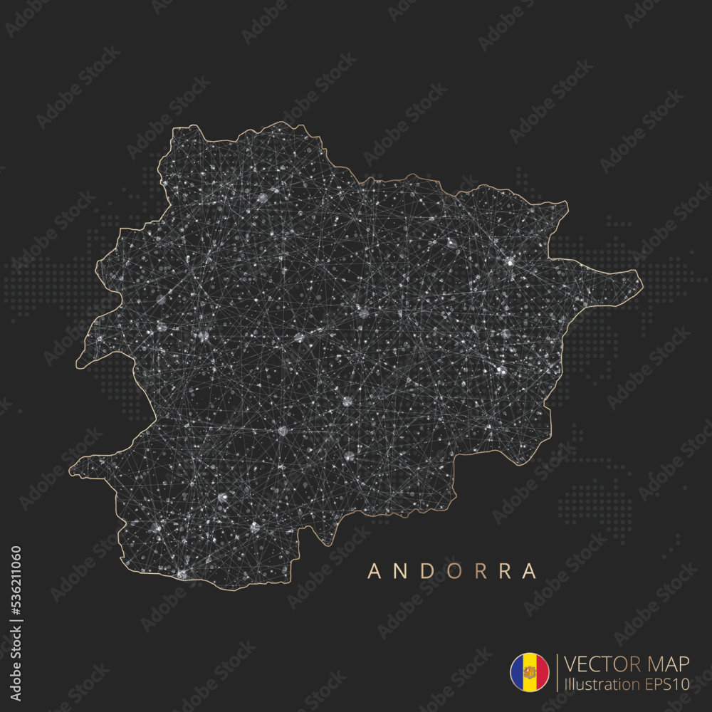 Obraz premium Andorra map abstract geometric mesh polygonal light concept with black and white glowing contour lines countries and dots on dark background. Vector illustration eps10