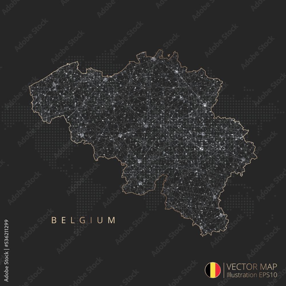 Belgium map abstract geometric mesh polygonal light concept with black and white glowing contour lines countries and dots on dark background. Vector illustration eps10